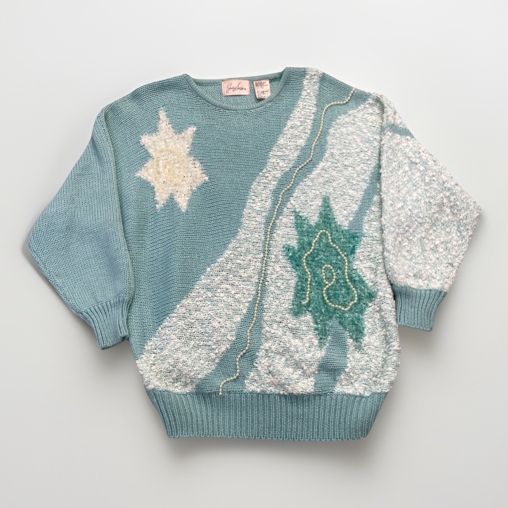 Vintage Jaclyn‎ Smith Sweater Womens L Blue Pastel Pearl/Bead Pullover Grandma